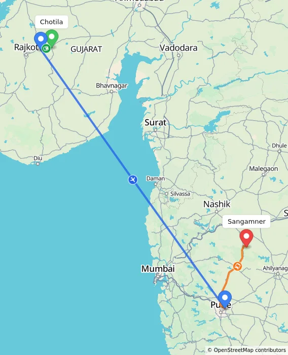 Route map showing distance and travel time from Chotila, India to Sangamner, India