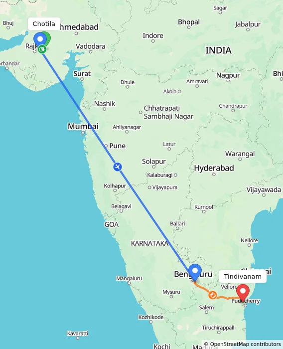 Route map showing distance and travel time from Chotila, India to Tindivanam, India