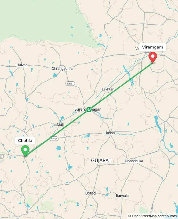 Route map showing distance and travel time from Chotila, India to Viramgam, India