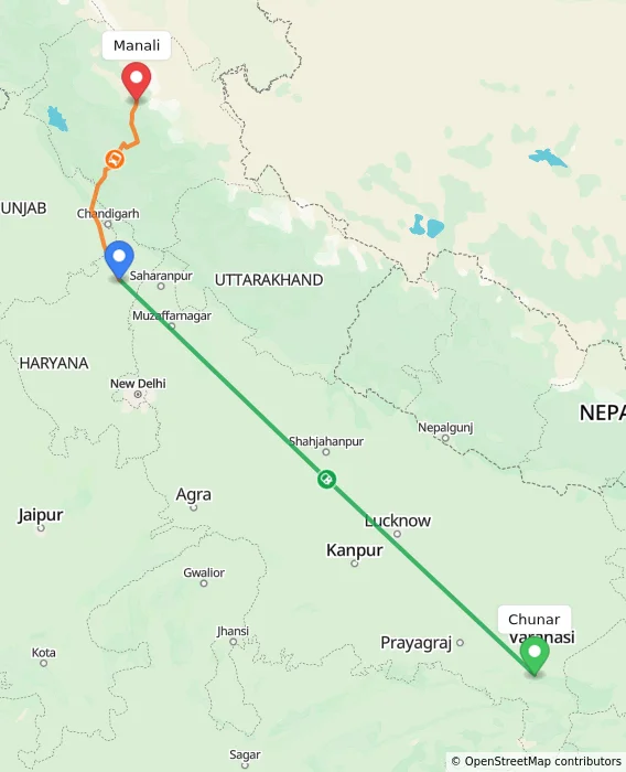 Route map showing distance and travel time from Chunar, India to Manali, India