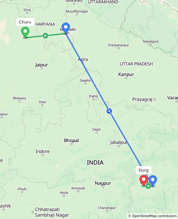 Route map showing distance and travel time from Churu, India to Durg, India