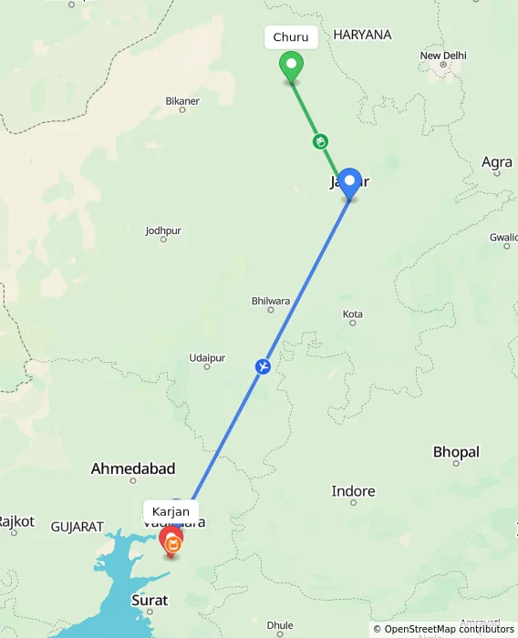 Route map showing distance and travel time from Churu, India to Karjan, India