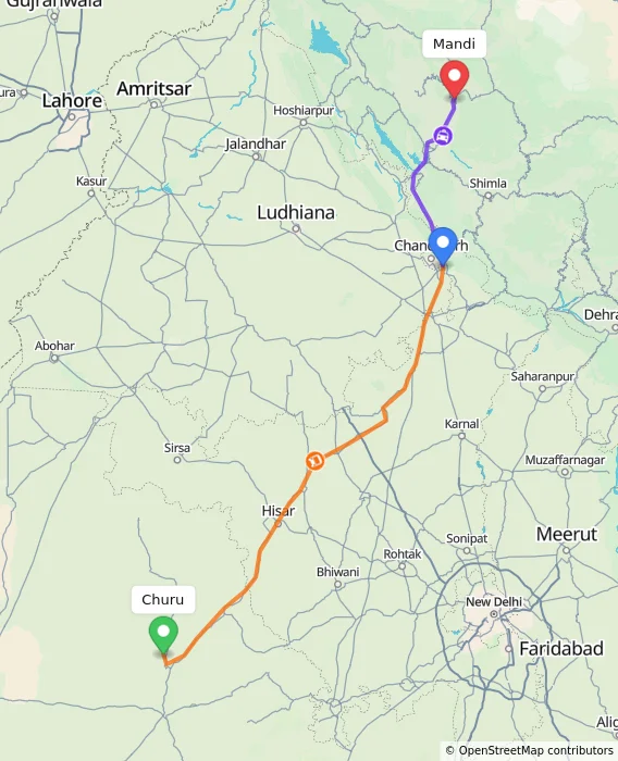 Route map showing distance and travel time from Churu, India to Mandi, India