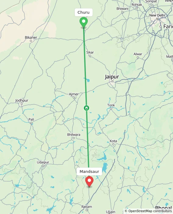 Route map showing distance and travel time from Churu, India to Mandsaur, India