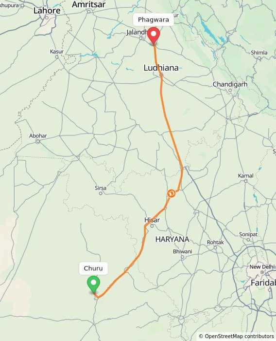 Route map showing distance and travel time from Churu, India to Phagwara, India