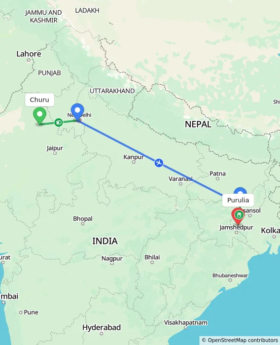 Route map showing distance and travel time from Churu, India to Purulia, India