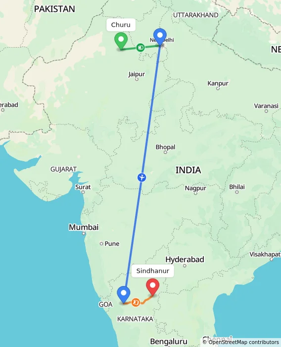 Route map showing distance and travel time from Churu, India to Sindhanur, India