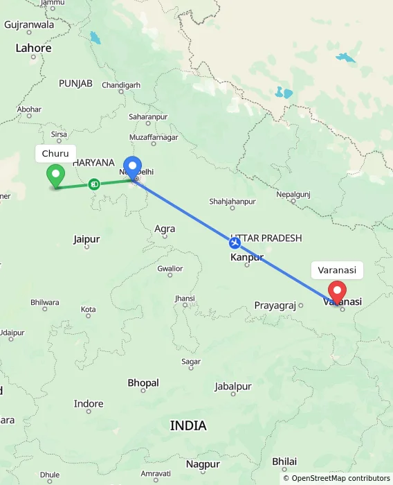 Route map showing distance and travel time from Churu, India to Varanasi, India