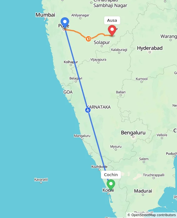 Route map showing distance and travel time from Cochin, India to Ausa, India