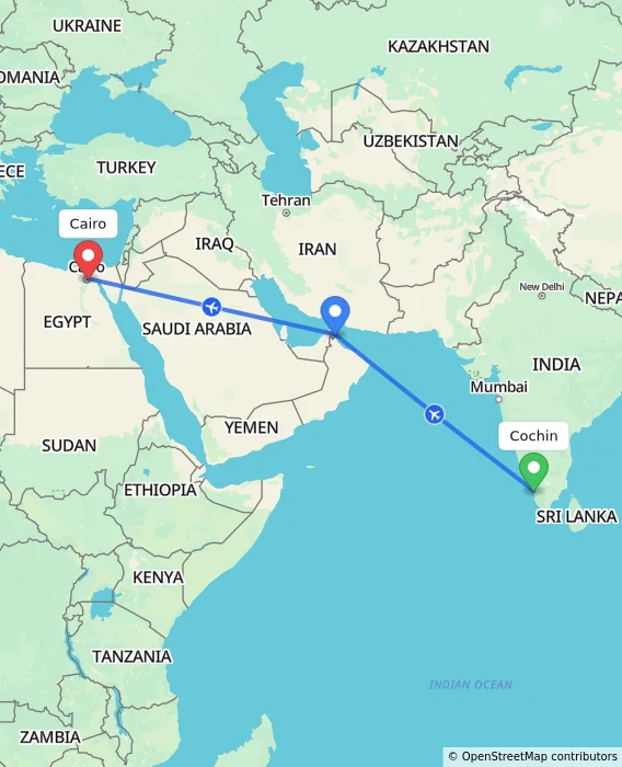 Route map showing distance and travel time from Cochin, India to Cairo, Egypt