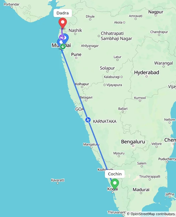 Route map showing distance and travel time from Cochin, India to Dadra, India