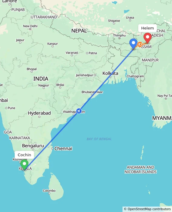 Route map showing distance and travel time from Cochin, India to Helem, India