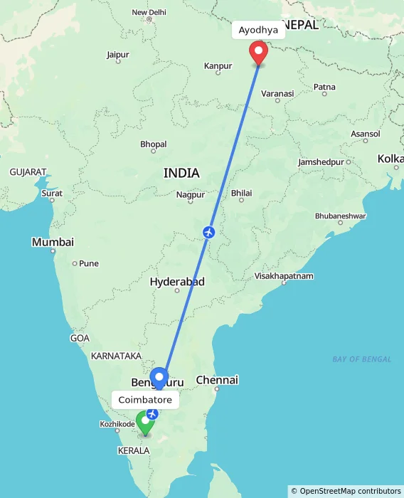 Route map showing distance and travel time from Coimbatore, India to Ayodhya, India
