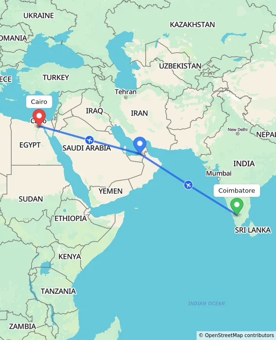Route map showing distance and travel time from Coimbatore, India to Cairo, Egypt