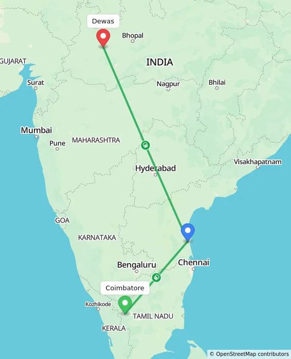 Route map showing distance and travel time from Coimbatore, India to Dewas, India