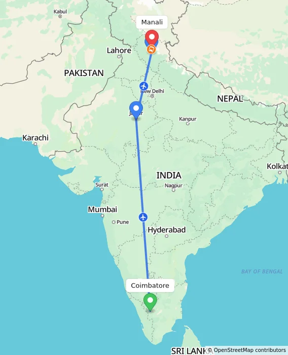 Route map showing distance and travel time from Coimbatore, India to Manali, India
