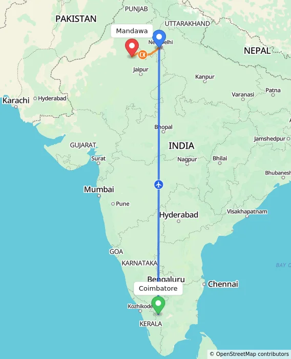 Route map showing distance and travel time from Coimbatore, India to Mandawa, India