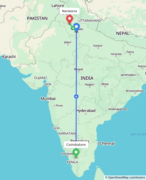 Route map showing distance and travel time from Coimbatore, India to Narwana, India