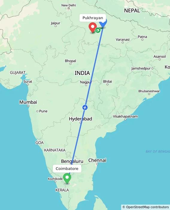 Route map showing distance and travel time from Coimbatore, India to Pukhrayan, India