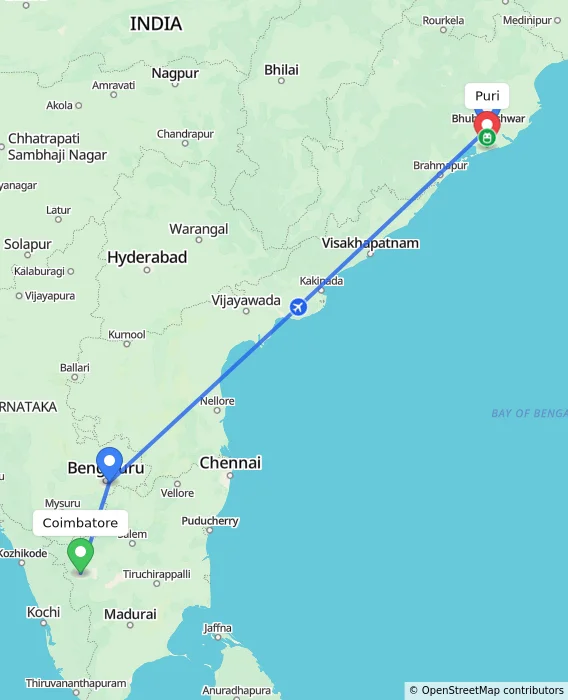 Route map showing distance and travel time from Coimbatore, India to Puri, India