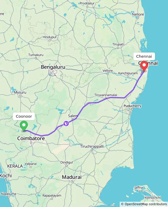 Route map showing distance and travel time from Coonoor, India to Chennai, India