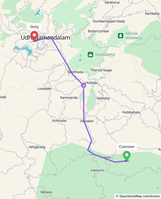 Route map showing distance and travel time from Coonoor, India to Ooty, India