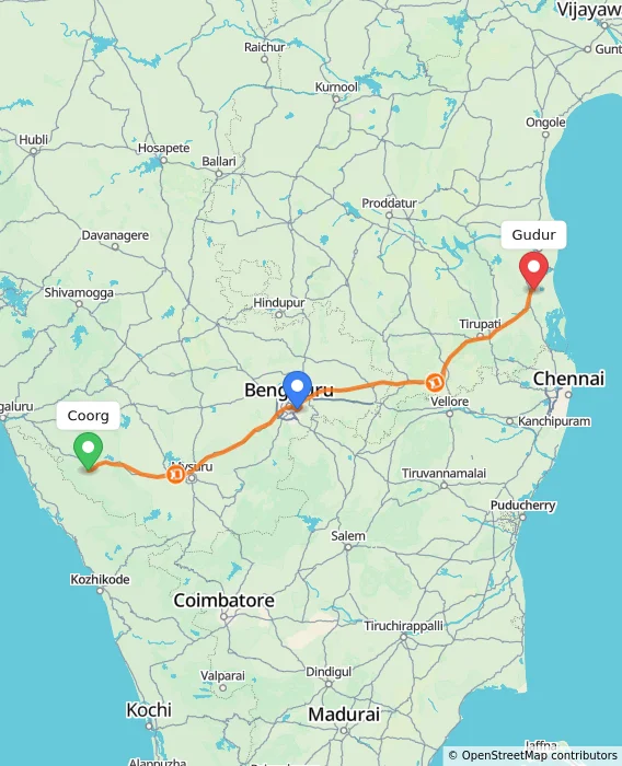 Route map showing distance and travel time from Coorg, India to Gudur, India