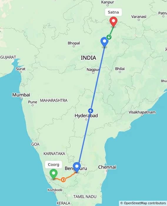 Route map showing distance and travel time from Coorg, India to Satna, India