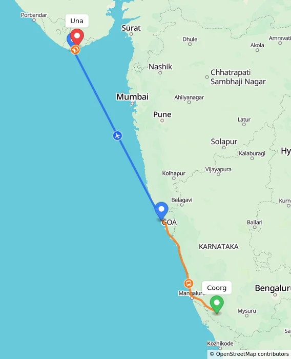 Route map showing distance and travel time from Coorg, India to Una, India