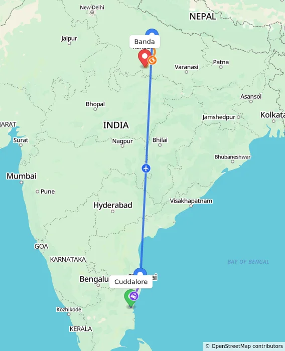 Route map showing distance and travel time from Cuddalore, India to Banda, India