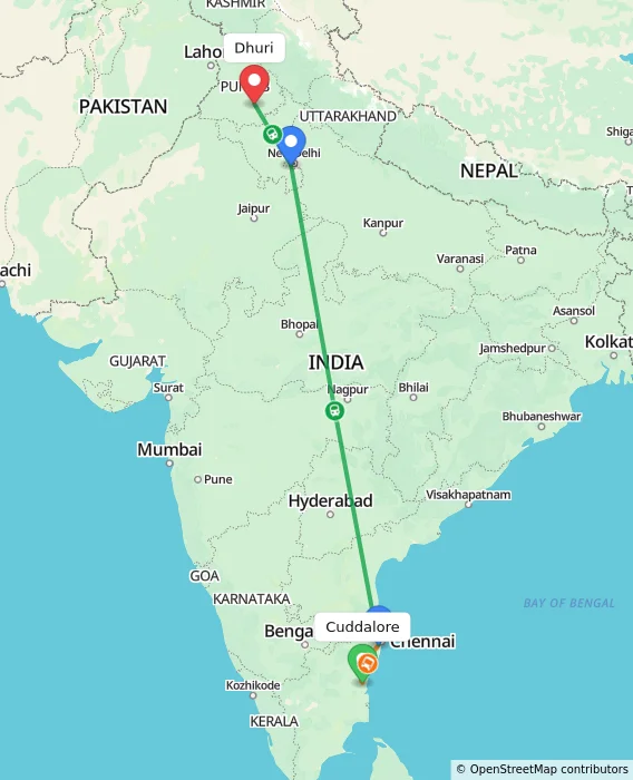 Route map showing distance and travel time from Cuddalore, India to Dhuri, India