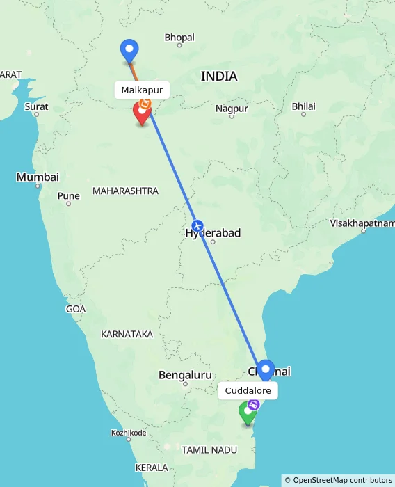 Route map showing distance and travel time from Cuddalore, India to Malkapur, India