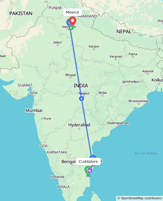 Route map showing distance and travel time from Cuddalore, India to Meerut, India