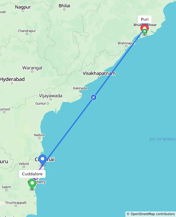 Route map showing distance and travel time from Cuddalore, India to Puri, India
