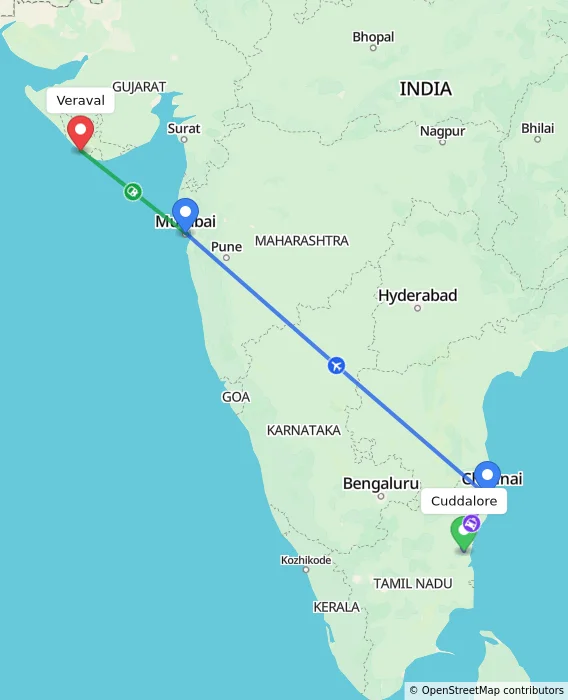 Route map showing distance and travel time from Cuddalore, India to Veraval, India