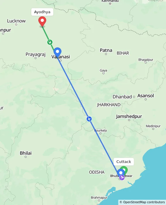 Route map showing distance and travel time from Cuttack, India to Ayodhya, India