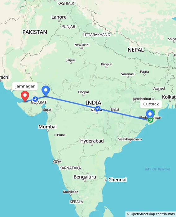 Route map showing distance and travel time from Cuttack, India to Jamnagar, India