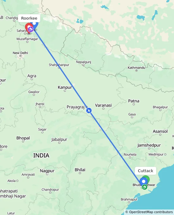 Route map showing distance and travel time from Cuttack, India to Roorkee, India