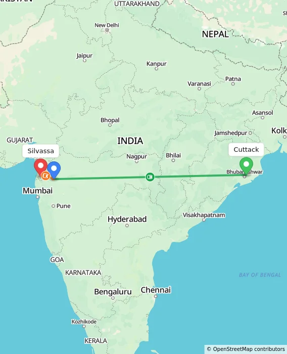 Route map showing distance and travel time from Cuttack, India to Silvassa, India