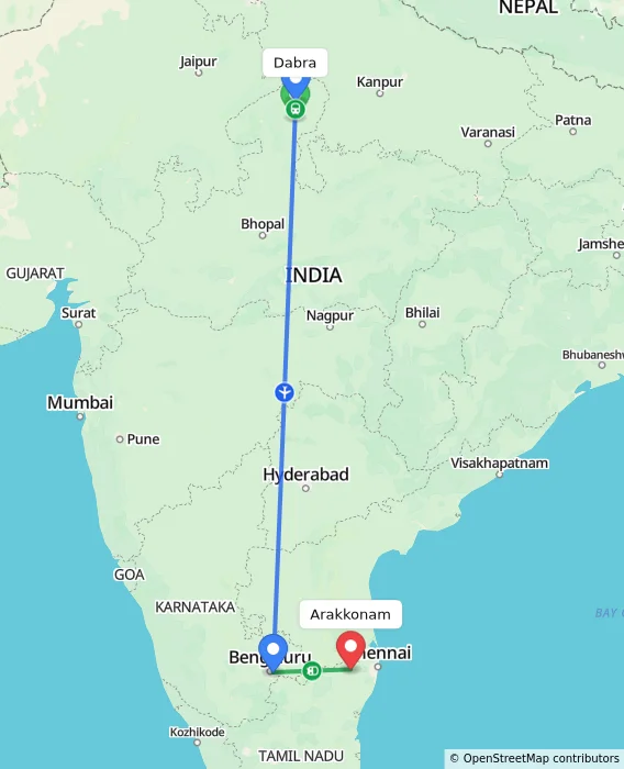 Route map showing distance and travel time from Dabra, India to Arakkonam, India