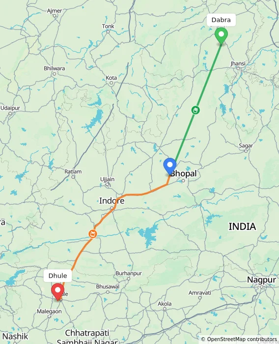 Route map showing distance and travel time from Dabra, India to Dhule, India