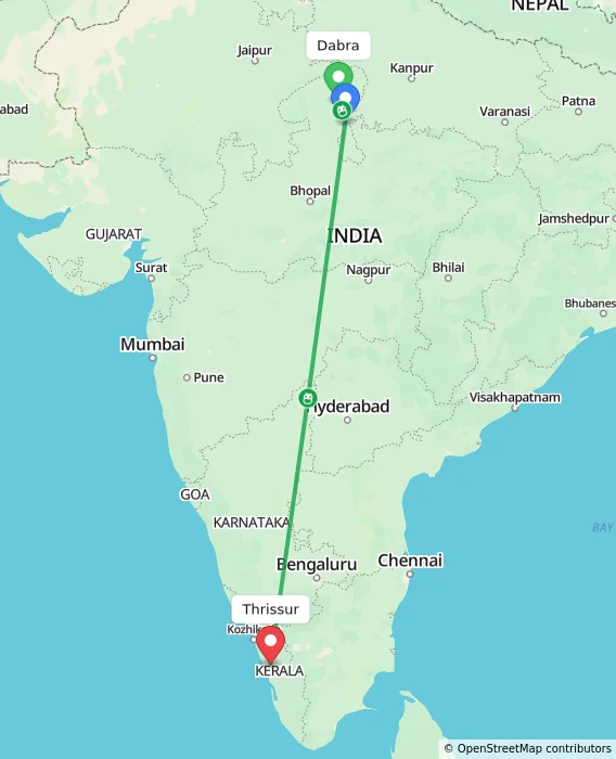 Route map showing distance and travel time from Dabra, India to Thrissur, India