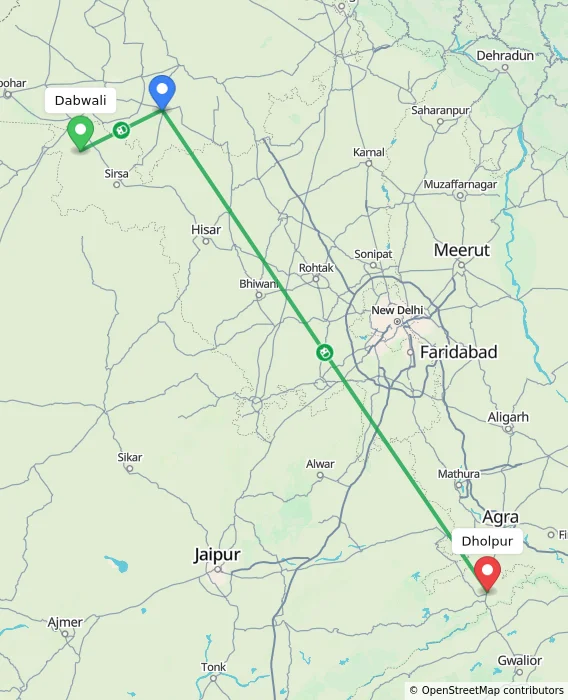 Route map showing distance and travel time from Dabwali, India to Dholpur, India