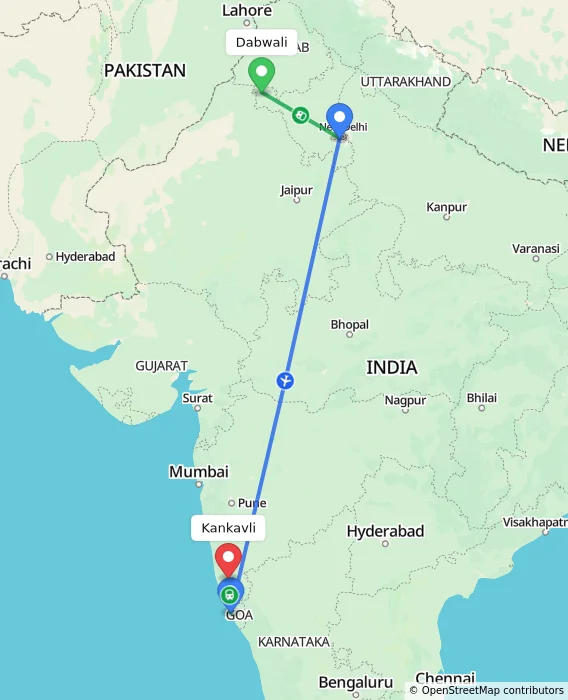 Route map showing distance and travel time from Dabwali, India to Kankavli, India