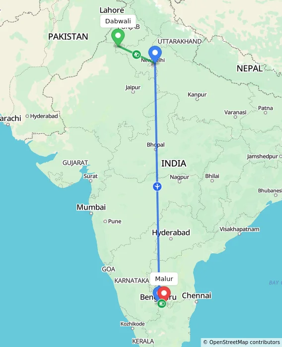 Route map showing distance and travel time from Dabwali, India to Malur, India