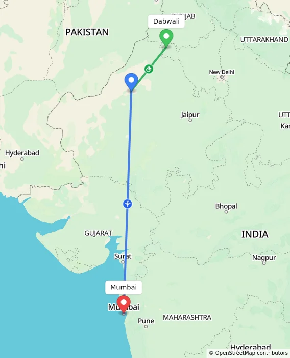 Route map showing distance and travel time from Dabwali, India to Mumbai, India