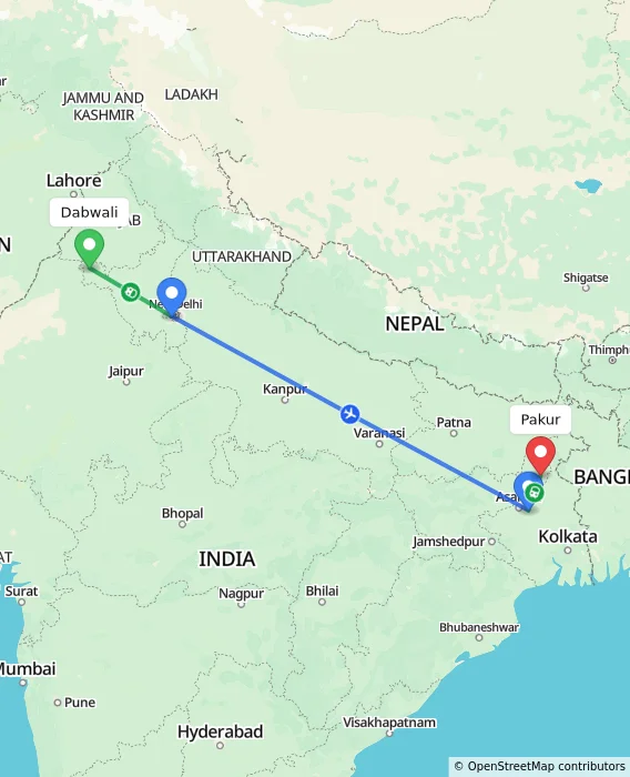 Route map showing distance and travel time from Dabwali, India to Pakur, India