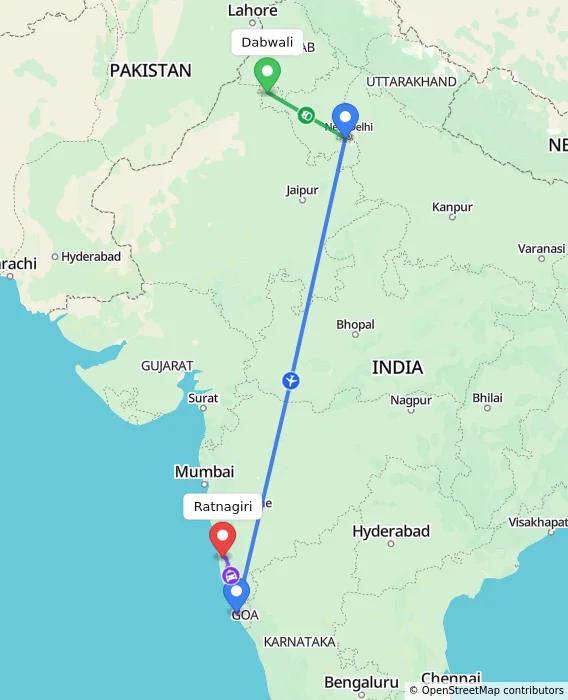 Route map showing distance and travel time from Dabwali, India to Ratnagiri, India