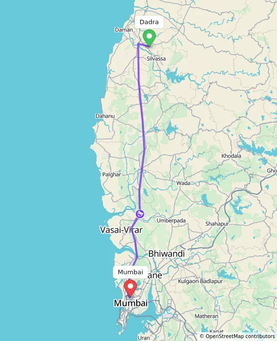 Route map showing distance and travel time from Dadra, India to Mumbai, India