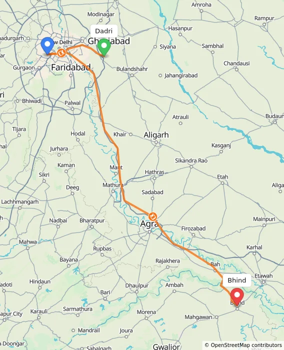Route map showing distance and travel time from Dadri, India to Bhind, India